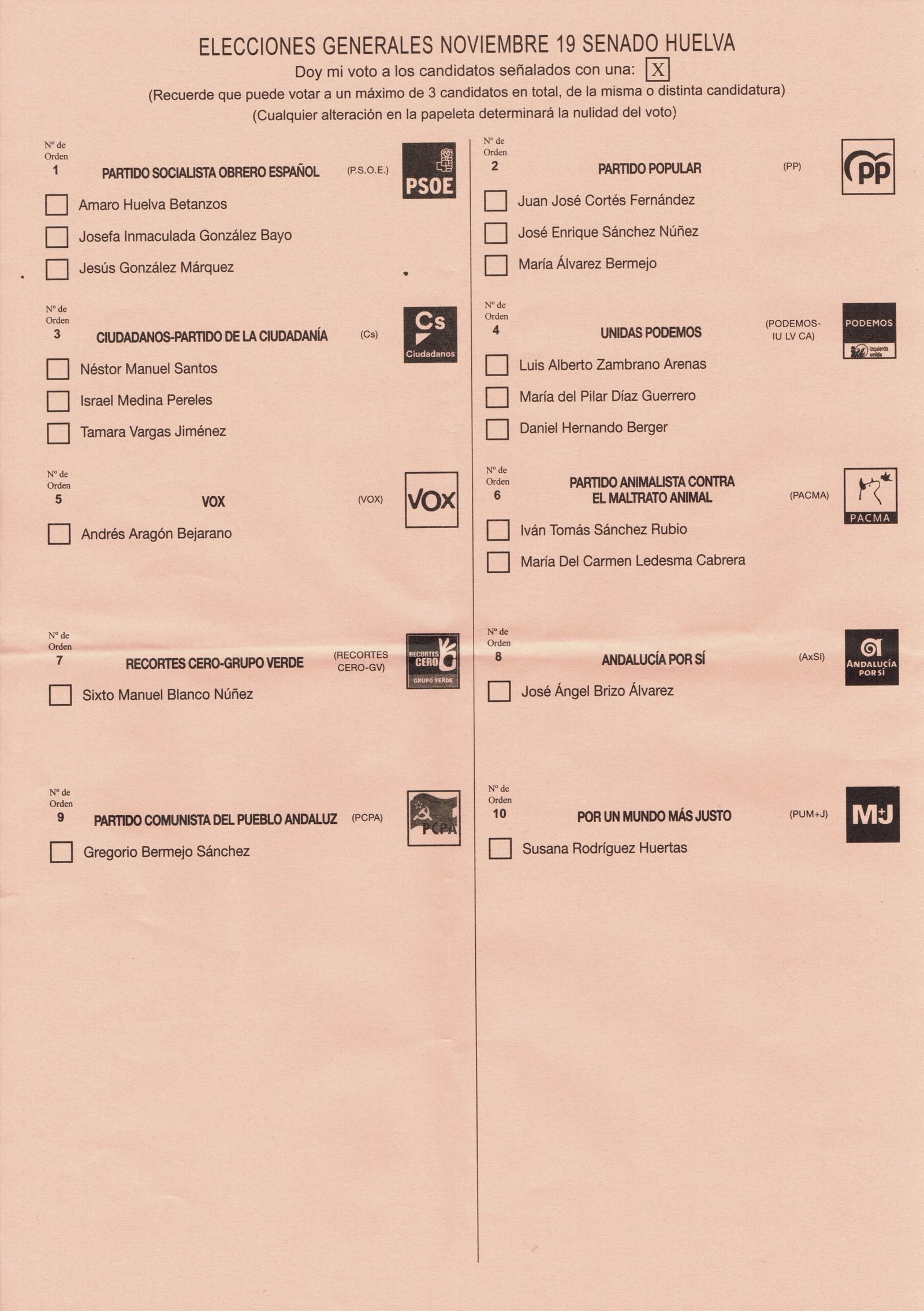 November 2019 Spanish general election Ballot - Huelva - Senado