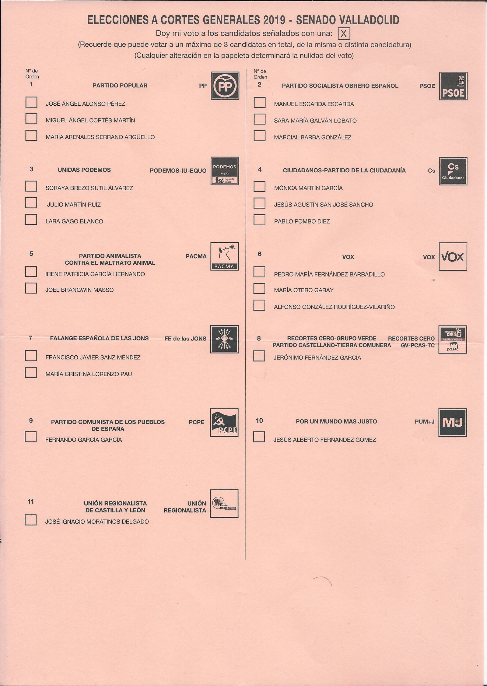2019 Spanish general election Ballot - Valladolid - Senado