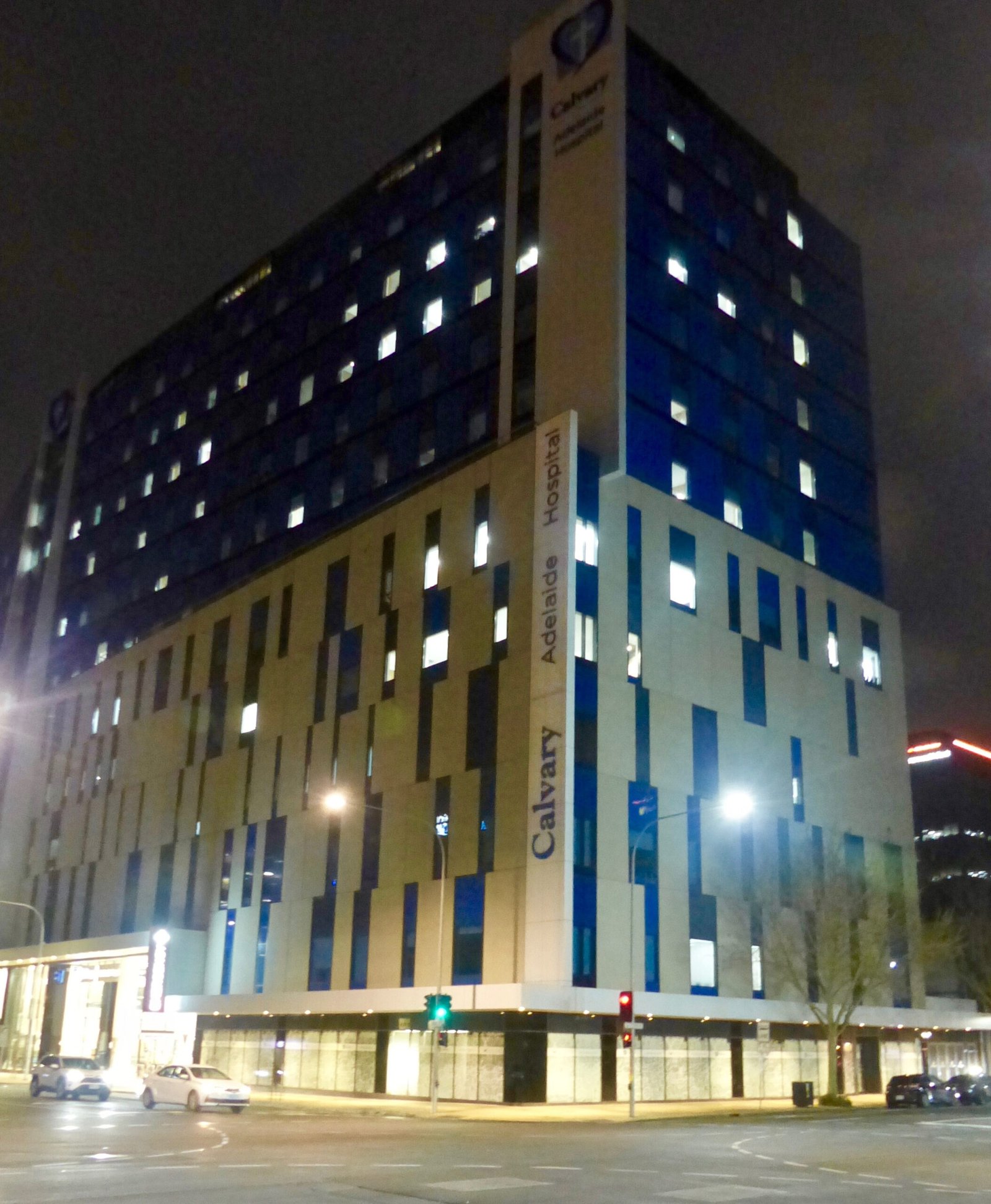 Calvary Adelaide Hospital exterior at night