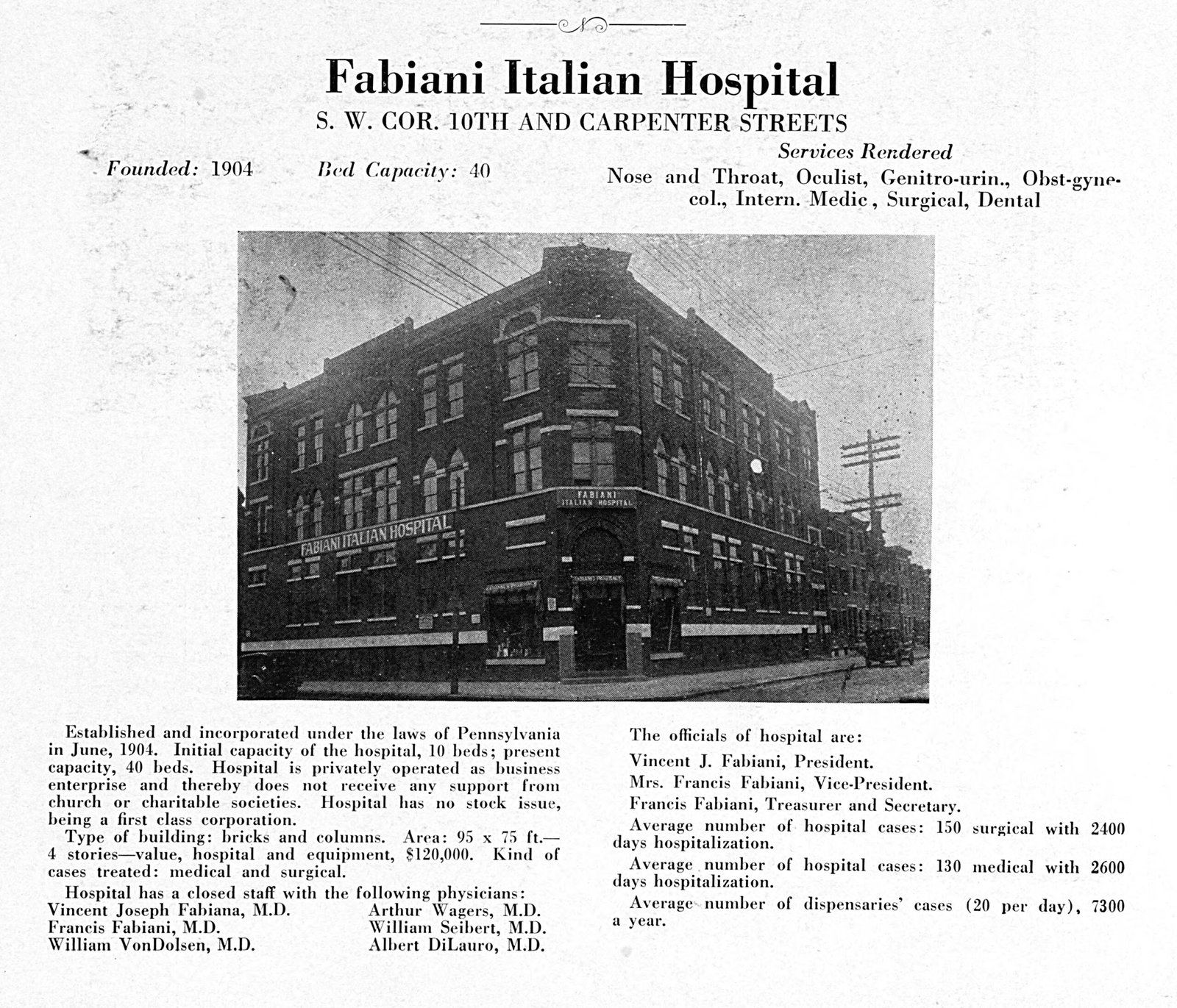Fabiani Italian Hospital, SW Cor 10th & Carpenter Sts, Philadelphia PA (1930 Medical Center Listing)