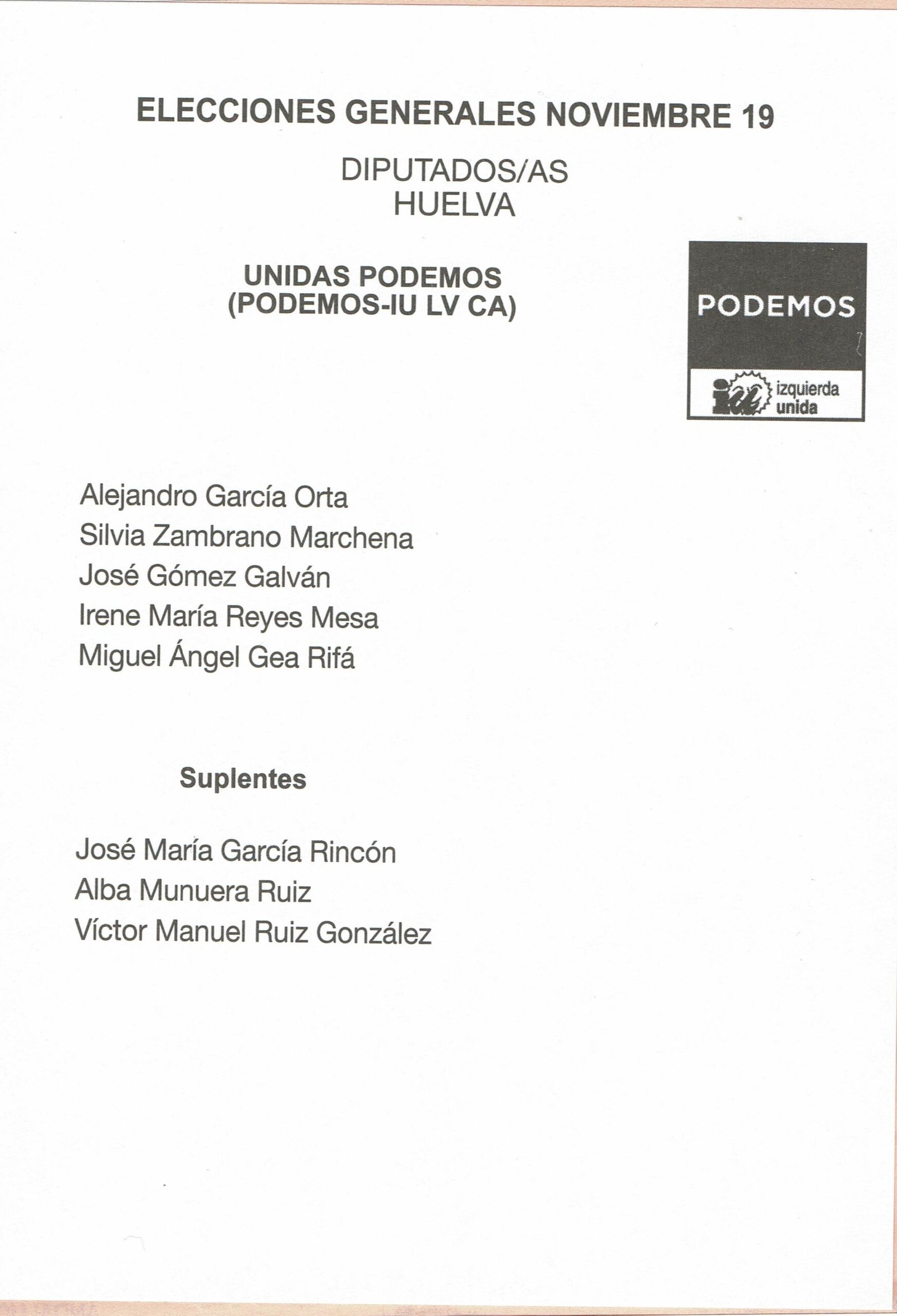 November 2019 Spanish general election Ballot - Huelva - Unidas Podemos (PODEMOS-IU LV CA)